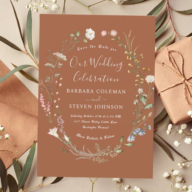 Elegant Rustic Boho Wildflower Terracotta Wedding Invitation (Creator Uploaded)
