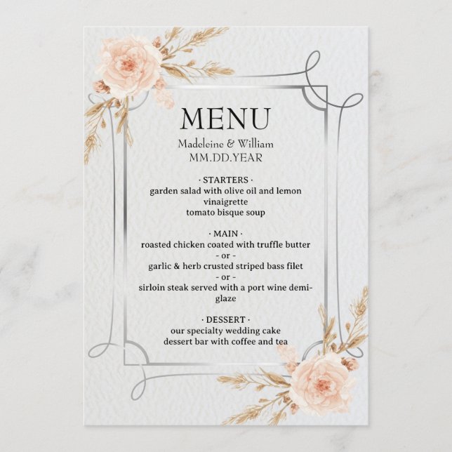 Elegant Rustic Boho Wildflowers Wedding Menu (Front)