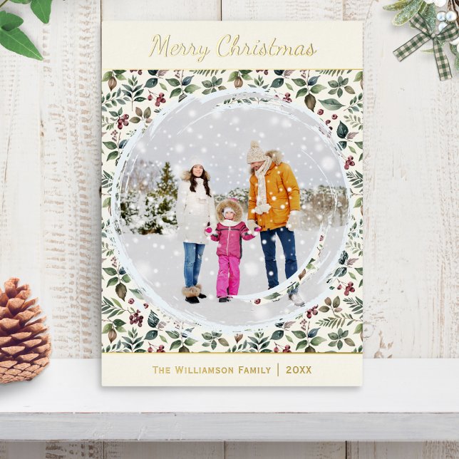 Elegant Rustic Botanical Pretty Christmas (A Christmas card with custom photo, name and year, with festive greenery pattern and foil detail)