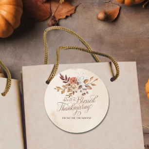 Elegant Rustic Brown Cream Floral Thanksgiving  Classic Round Sticker