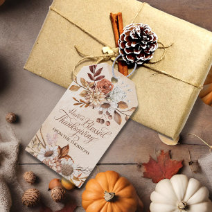 Elegant Rustic Brown Cream Floral Thanksgiving  Gift Tags