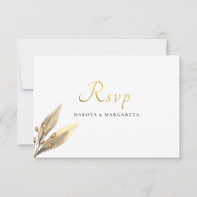 Elegant rustic brown leaf RSVP  gold wedding Invitation (Front)