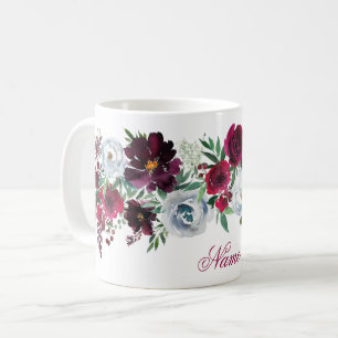 Elegant Rustic Burgundy Blue Roses Peonies Name C Coffee Mug