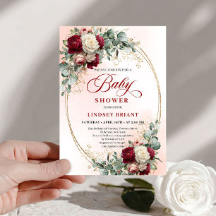 Elegant Rustic Burgundy Floral Gold Baby Shower   Invitation