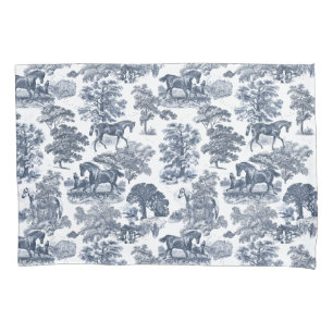 Elegant Rustic Chic Blue White Horses Toile Pillowcase