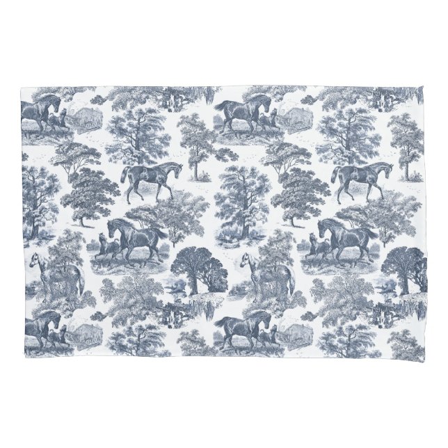 Elegant Rustic Chic Blue White Horses Toile Pillowcase (Front-Left)
