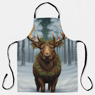Elegant rustic Christmas moose winter landscape Apron