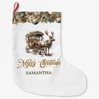 Elegant rustic Christmas Reindeer and carriage Large Christmas Stocking
