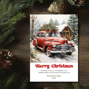 Elegant rustic Christmas scene red car greeting Holiday Card