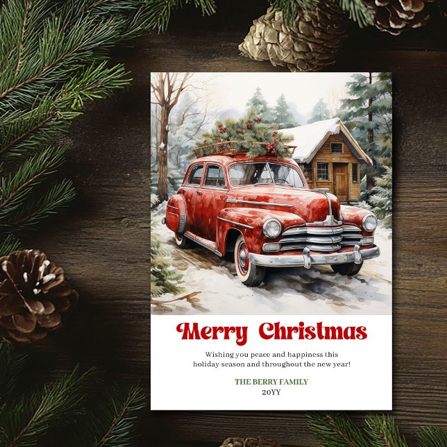 Elegant rustic Christmas scene red car greeting Holiday Card (Elegant rustic Christmas scene red car greeting)