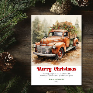 Elegant rustic Christmas scene red truck greeting Holiday Card