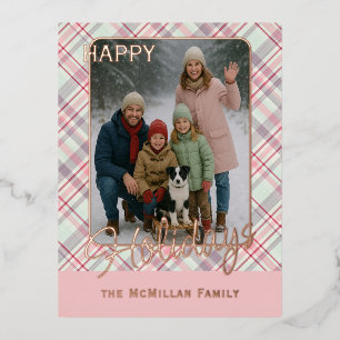 Elegant Rustic Classy Plaid Pattern Gold Foil Holiday Postcard