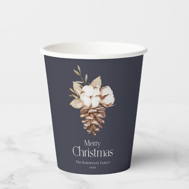 Elegant Rustic Cotton & Pinecone Christmas  Paper Cups (Front)