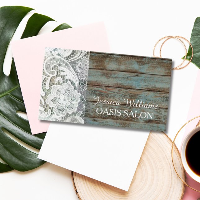 elegant rustic country white lace blue barn wood business card (Creator Uploaded)