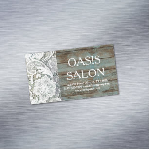 elegant rustic country white lace blue barn wood magnetic business card