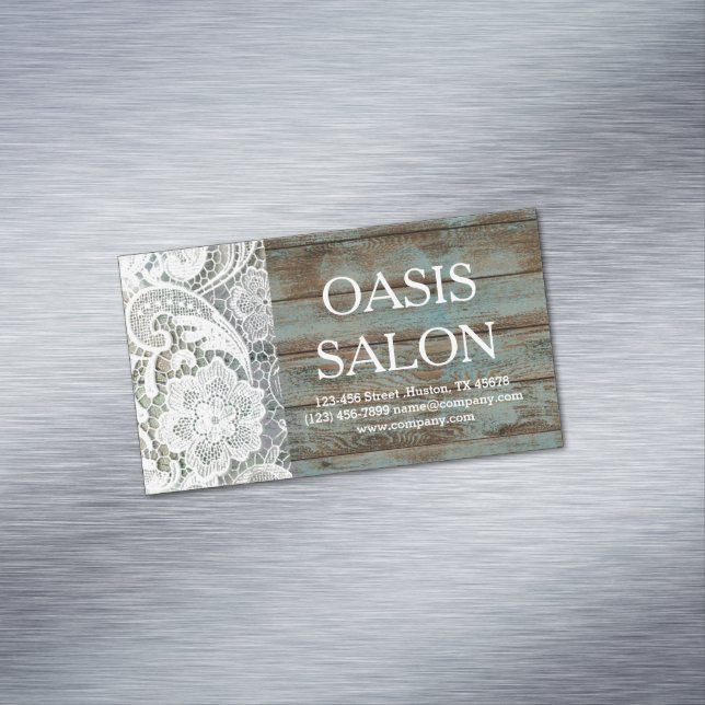 elegant rustic country white lace blue barn wood magnetic business card (In Situ)