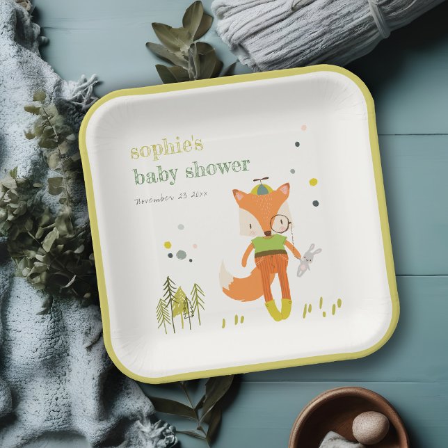 Elegant Rustic Cute Woodland Fun Fox Baby Shower Paper Plate (Creator Uploaded)