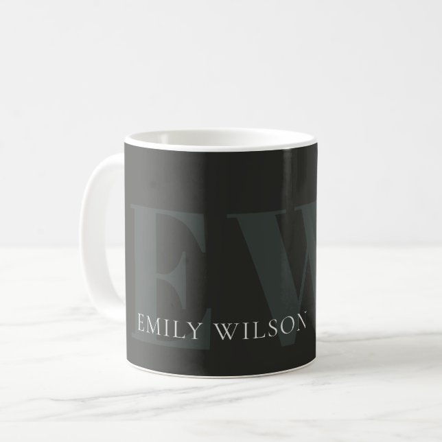 Elegant Rustic Dark Dusky Green Black Monogram Coffee Mug (Front Left)