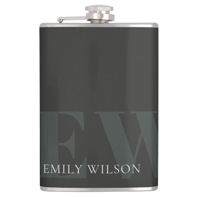 Elegant Rustic Dark Dusky Green Black Monogram Hip Flask (Front)