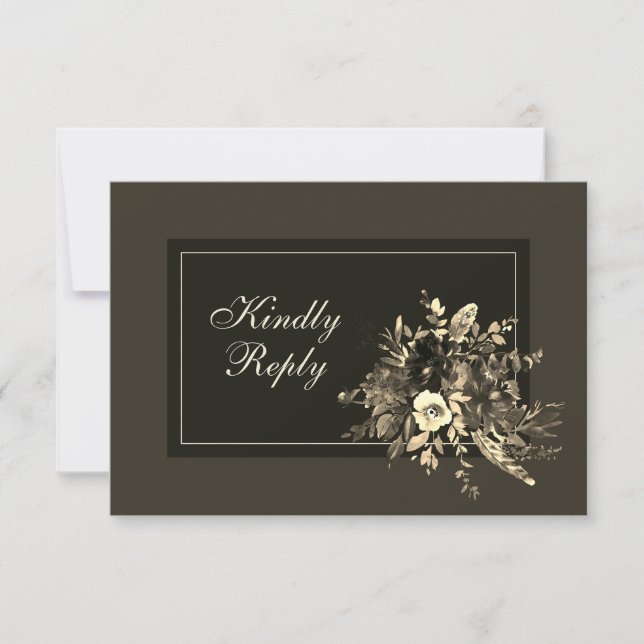 Elegant Rustic Dried Floral Dark Chocolate Wedding RSVP Card (Front)