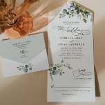 Elegant Rustic Eucalyptus Leaves Greenery Wedding All In One Invitation<br><div class="desc">This elegant collection features mixed watercolor greenery leaves paired with a classy serif & delicate sans font in black,  with a monogram on the back. Matching items available.</div>