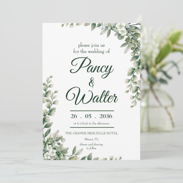 Elegant Rustic Eucalyptus Leaves Greenery Wedding Invitation (Standing Front)