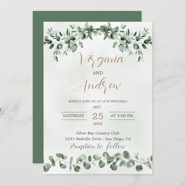 Elegant Rustic Eucalyptus Leaves Greenery Wedding Invitation (Front/Back)