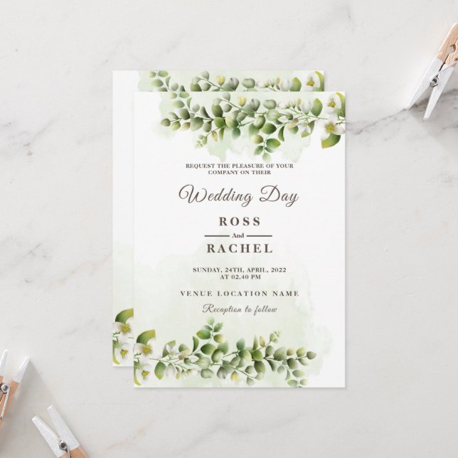 Elegant Rustic Eucalyptus Leaves Greenery Wedding  Invitation (Front/Back In Situ)