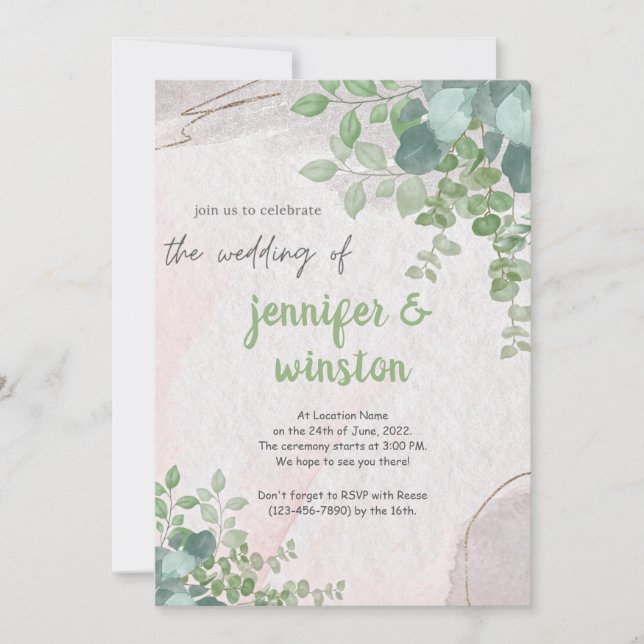 Elegant Rustic Eucalyptus Leaves Wedding Invitation (Front)