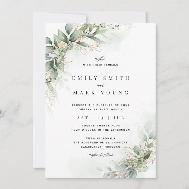 Elegant Rustic Eucalyptus Leaves Wedding Invitation (Front)