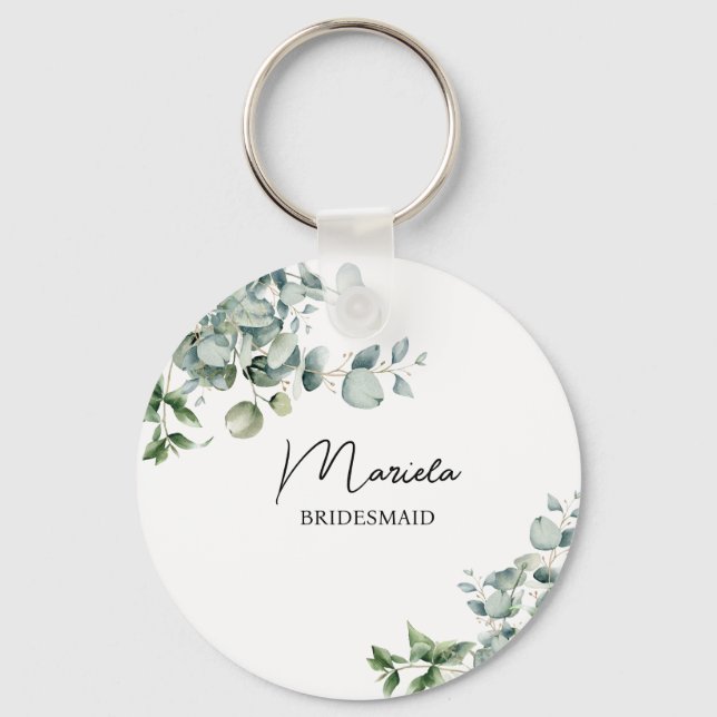 Elegant rustic eucalyptus personalised key ring (Front)