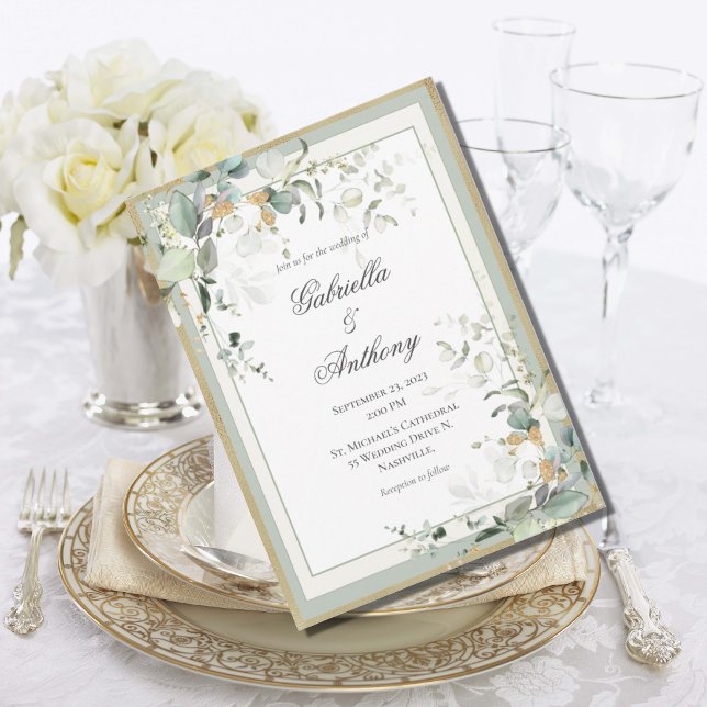 Elegant Rustic Eucalyptus Sage Gold Wedding  Invitation (Creator Uploaded)
