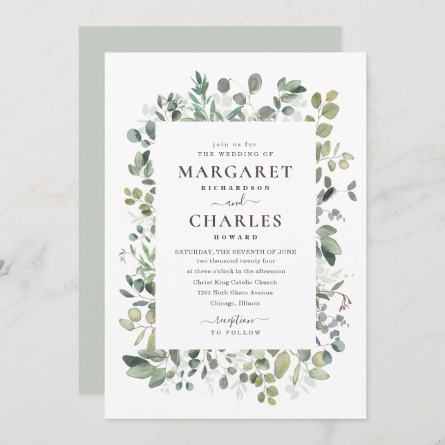 Elegant Rustic Eucalyptus Sage Green Wedding Invit Invitation (Front/Back)