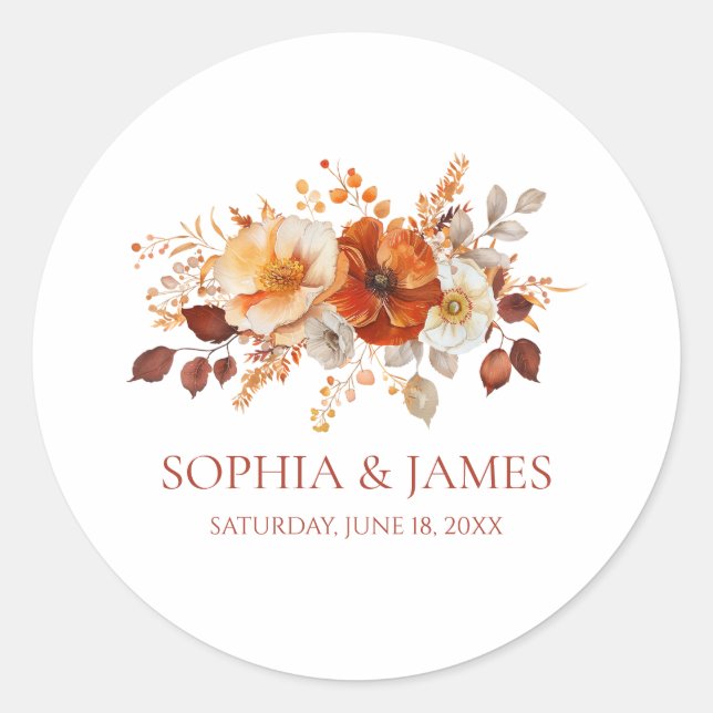 Elegant Rustic Fall Autumn Floral Wedding Classic Round Sticker (Front)