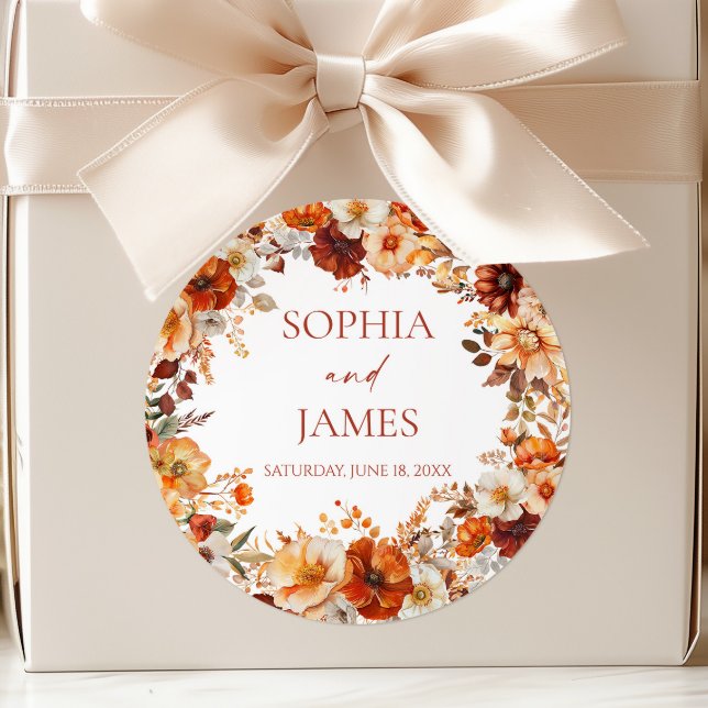 Elegant Rustic Fall Autumn Floral Wedding Classic Round Sticker (Creator Uploaded)
