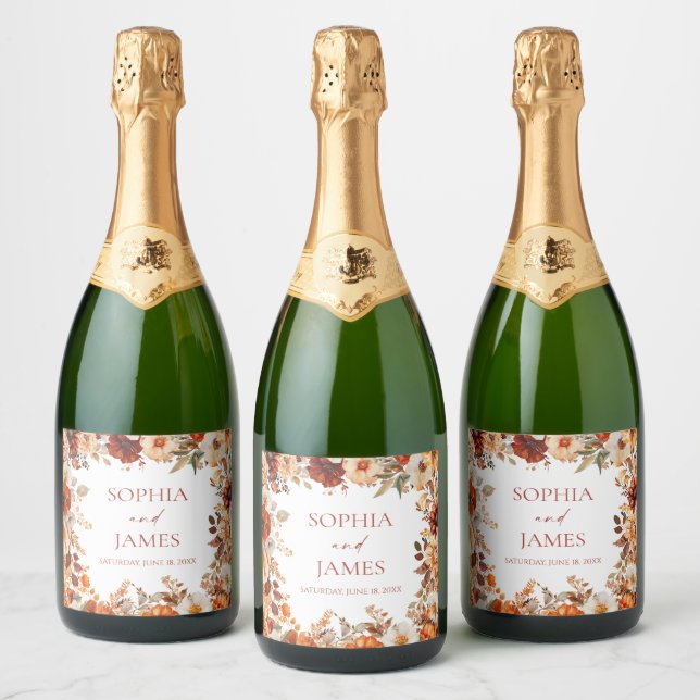 Elegant Rustic Fall Autumn Floral Wedding Sparkling Wine Label (Bottles)