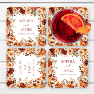 Elegant Rustic Fall Autumn Floral Wedding Square Paper Coaster