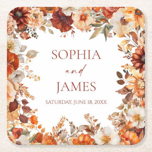 Elegant Rustic Fall Autumn Floral Wedding Square Paper Coaster (Front)