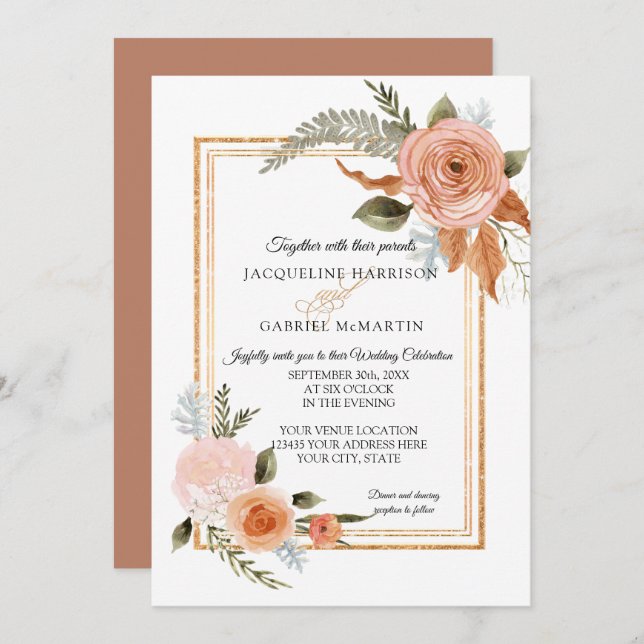 Elegant Rustic Fall Floral Copper Gold Wedding Invitation (Front/Back)