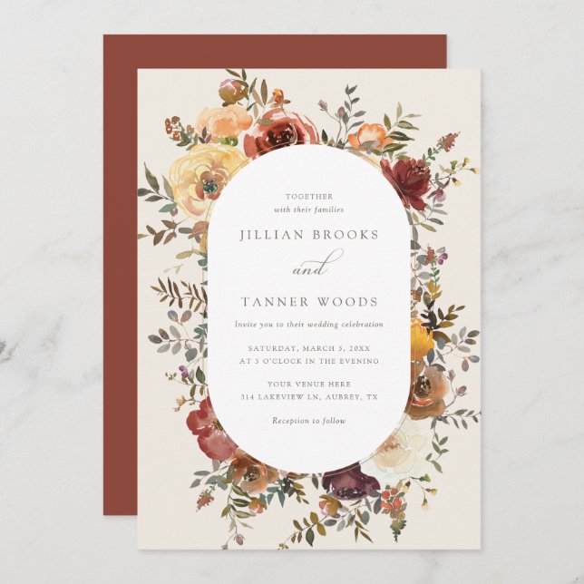 Elegant Rustic Fall Floral Wedding Invitation (Front/Back)