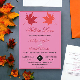Elegant Rustic Fall Leaves Boho Pink Fall Wedding Invitation