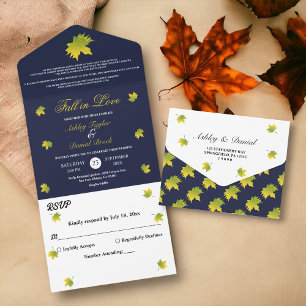 Elegant Rustic Fall Leaves Navy Blue Chic Wedding All In One Invitation