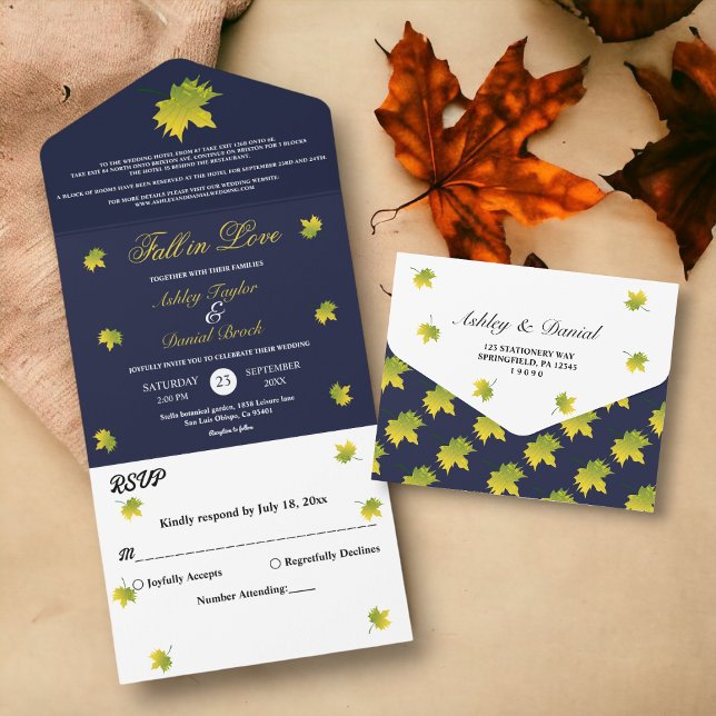 Elegant Rustic Fall Leaves Navy Blue Chic Wedding All In One Invitation (Creator Uploaded)
