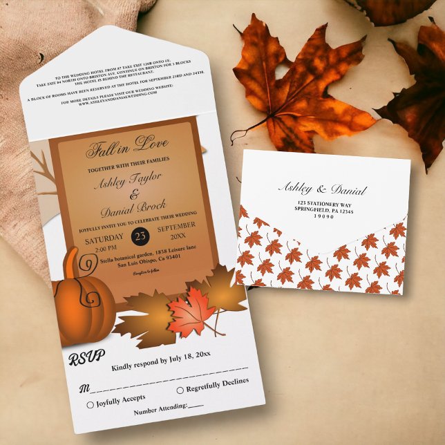 Elegant Rustic Fall Leaves Pumpkin Autumn Wedding All In One Invitation (Creator Uploaded)