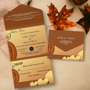 Elegant Rustic Fall Leaves Pumpkin Floral Wedding All In One Invitation