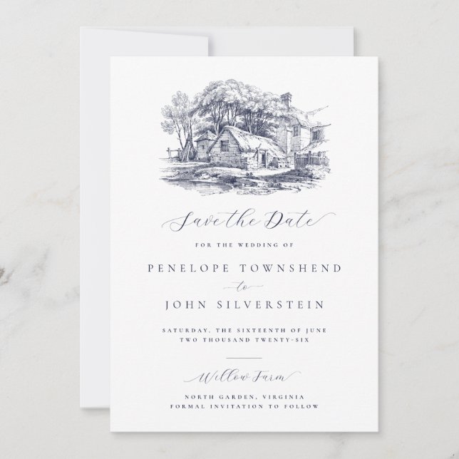 Elegant Rustic Farmhouse Illustration Wedding Save The Date (Front)