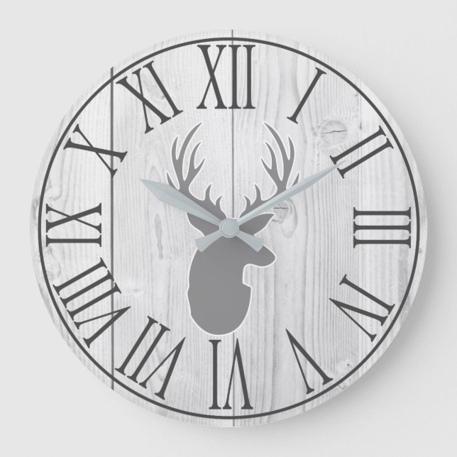 Elegant Rustic Faux White Wood & Grey Deer Large Clock (Front)