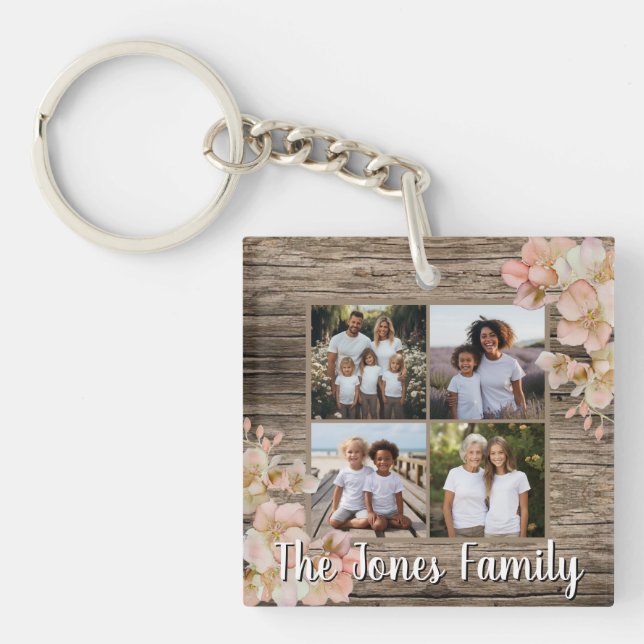 Elegant rustic floral 4 photo template key ring (Front)