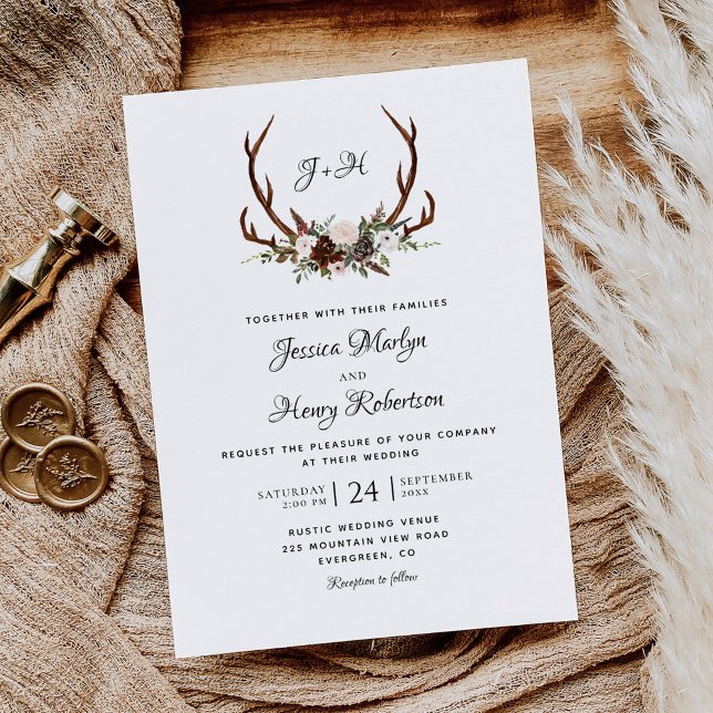 Elegant Rustic Floral Antlers Wedding Invitation (Creator Uploaded)