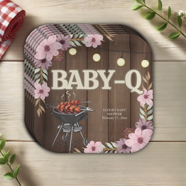 Elegant Rustic Floral Baby-Q Grill Baby Shower Paper Plate (Creator Uploaded)